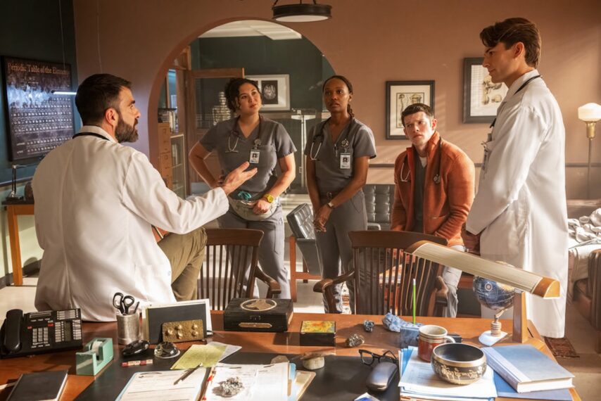Zachary Quinto as Dr. Oliver Wolf, Aury Krebs as Dr. Dana Dang, Ashleigh Lathrop as Dr. Ericka Kinney, Alex MacNicoll as Dr. Van Markus, Brian Altemus as Dr. Charlie Porter — 'Brilliant Minds' Season 2 Premiere 