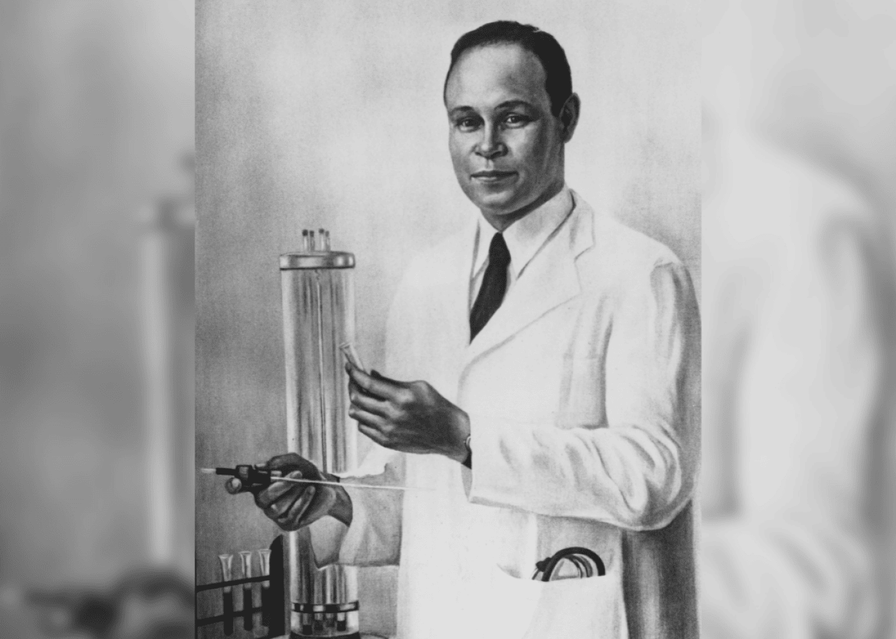 Charles R. Drew Illustration of Charles R Drew posing in a lab coat with laboratory equipment.