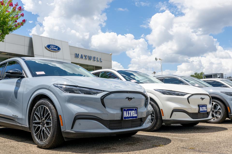 AUSTIN, TEXAS - JUNE 24: Ford Mustang Mach-E vehicles are seen for sale on a dealership lot on June 24, 2025 in Austin, Texas. Ford Motor is recalling more than 197,000 Mustang Mach-E vehicles after a malfunction with the door latches has surfaced according to the National Highway Traffic Safety Administration. (Photo by Brandon Bell/Getty Images)